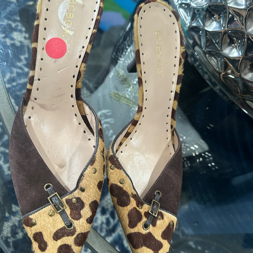 BCBGirls Brown Leopard Print Mule Heels - Picture 5 of 12
